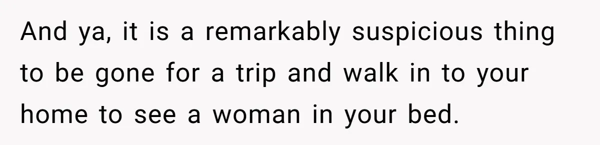And ya, it is a remarkably suspicious thing to be gone for a trip and walk in to your home to see a woman in your bed.