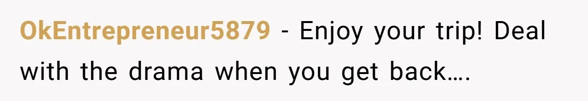 OkEntrepreneur5879 − Enjoy your trip! Deal with the drama when you get back….