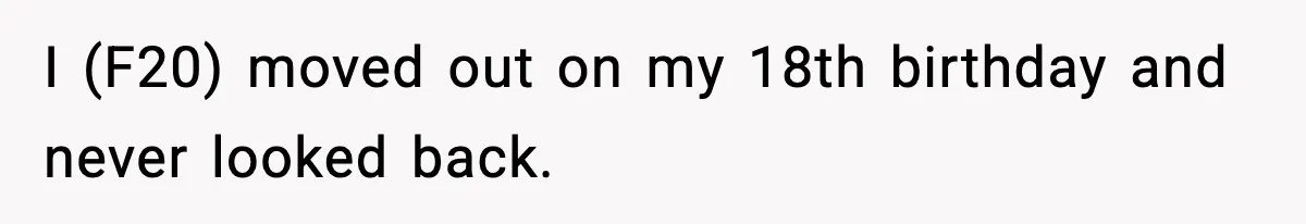 I (F20) moved out on my 18th birthday and never looked back.