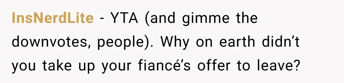 InsNerdLite − YTA (and gimme the downvotes, people). Why on earth didn’t you take up your fiancé’s offer to leave?