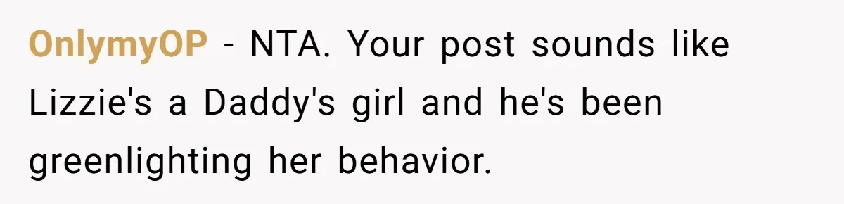 OnlymyOP − NTA. Your post sounds like Lizzie's a Daddy's girl and he's been greenlighting her behavior.