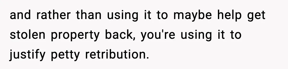 and rather than using it to maybe help get stolen property back, you're using it to justify petty retribution.