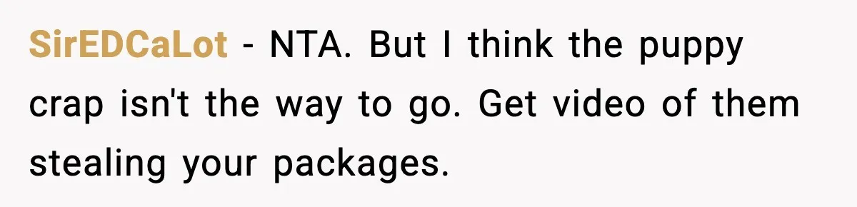 SirEDCaLot − NTA. But I think the puppy crap isn't the way to go. Get video of them stealing your packages.