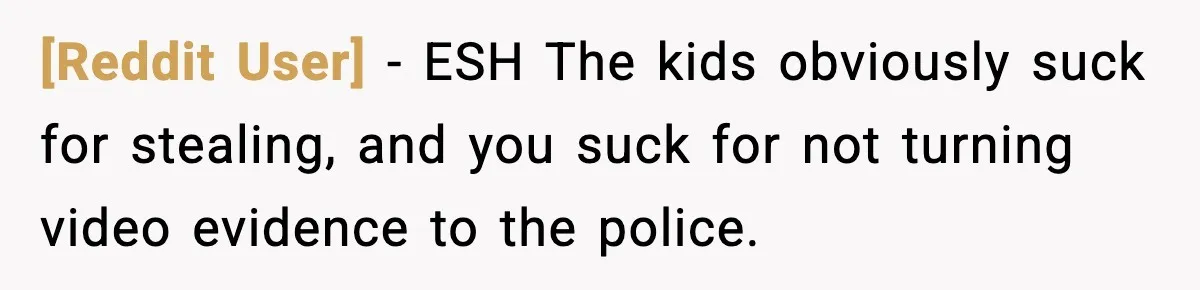[Reddit User] − ESH The kids obviously suck for stealing, and you suck for not turning video evidence to the police.