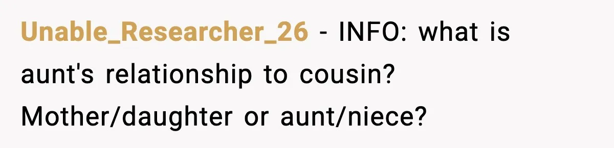 Unable_Researcher_26 - INFO: what is aunt's relationship to cousin? Mother/daughter or aunt/niece?