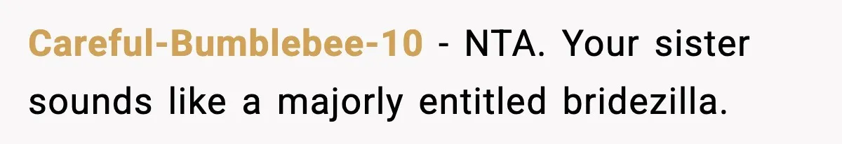 Careful-Bumblebee-10 − NTA. Your sister sounds like a majorly entitled bridezilla.