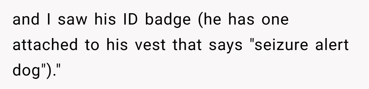 and I saw his ID badge (he has one attached to his vest that says "seizure alert dog")."