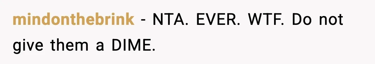 mindonthebrink − NTA. EVER. WTF. Do not give them a DIME.