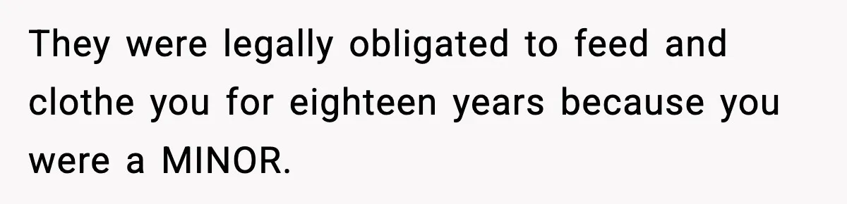 They were legally obligated to feed and clothe you for eighteen years because you were a MINOR.
