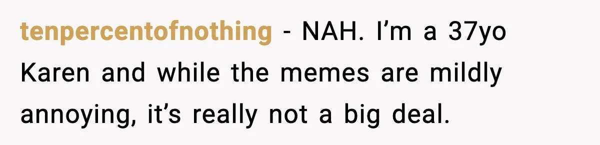 tenpercentofnothing − NAH. I’m a 37yo Karen and while the memes are mildly annoying, it’s really not a big deal.