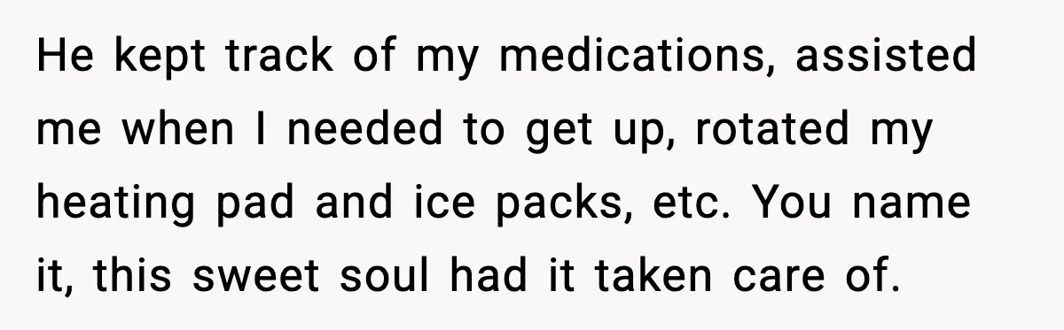 He kept track of my medications, assisted me when I needed to get up, rotated my heating pad and ice packs, etc. You name it, this sweet soul had it...