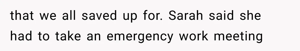 that we all saved up for. Sarah said she had to take an emergency work meeting