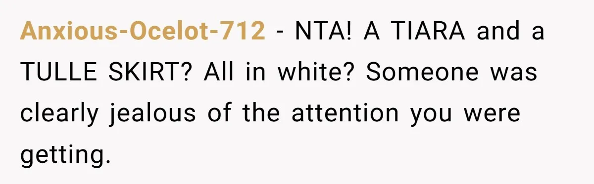 Anxious-Ocelot-712 − NTA! A TIARA and a TULLE SKIRT? All in white? Someone was clearly jealous of the attention you were getting.