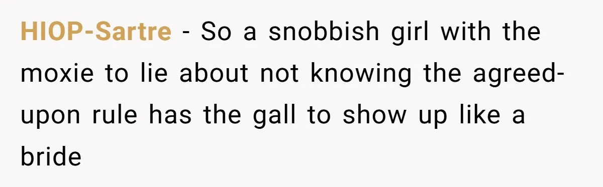 HIOP-Sartre − So a snobbish girl with the moxie to lie about not knowing the agreed-upon rule has the gall to show up like a bride