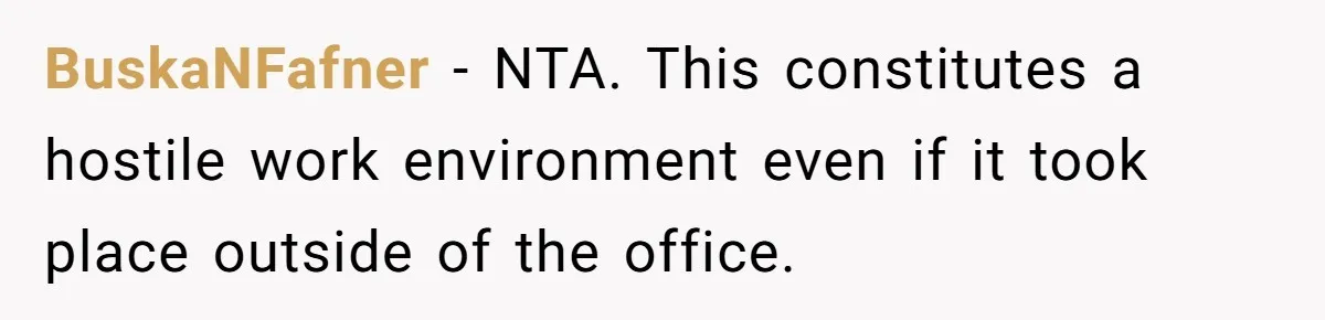 BuskaNFafner − NTA. This constitutes a hostile work environment even if it took place outside of the office.