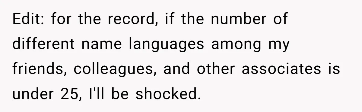 Edit: for the record, if the number of different name languages among my friends, colleagues, and other associates is under 25, I'll be shocked.