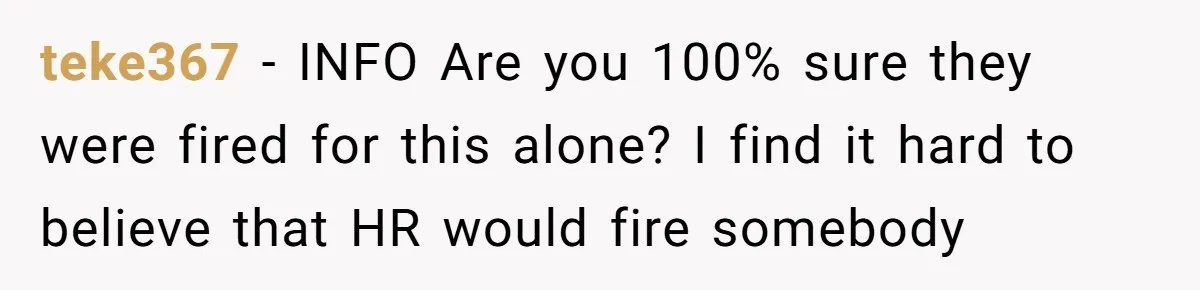 teke367 − INFO Are you 100% sure they were fired for this alone? I find it hard to believe that HR would fire somebody