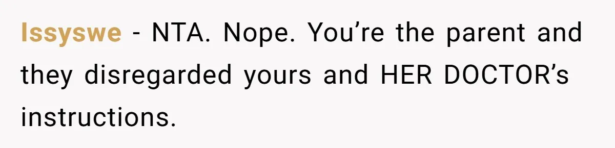 Issyswe − NTA. Nope. You’re the parent and they disregarded yours and HER DOCTOR’s instructions.