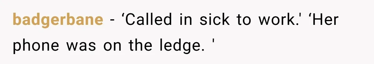 badgerbane − ‘Called in sick to work.' ‘Her phone was on the ledge. '