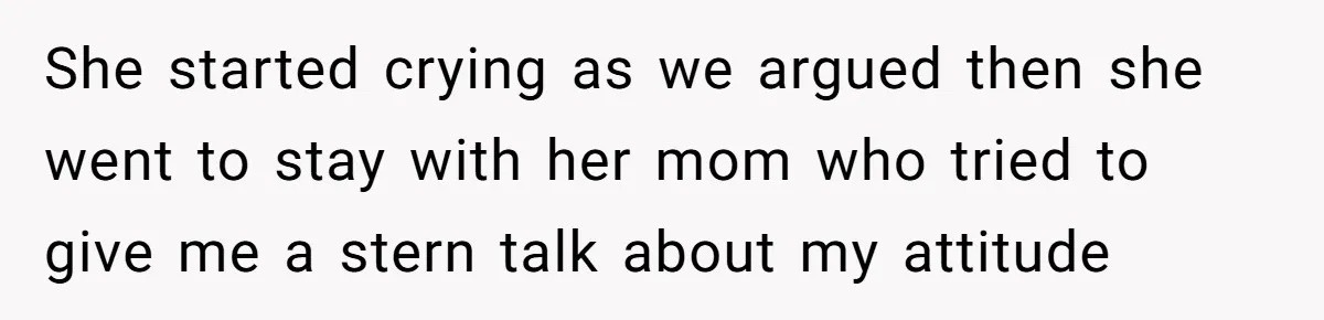 She started crying as we argued then she went to stay with her mom who tried to give me a stern talk about my attitude