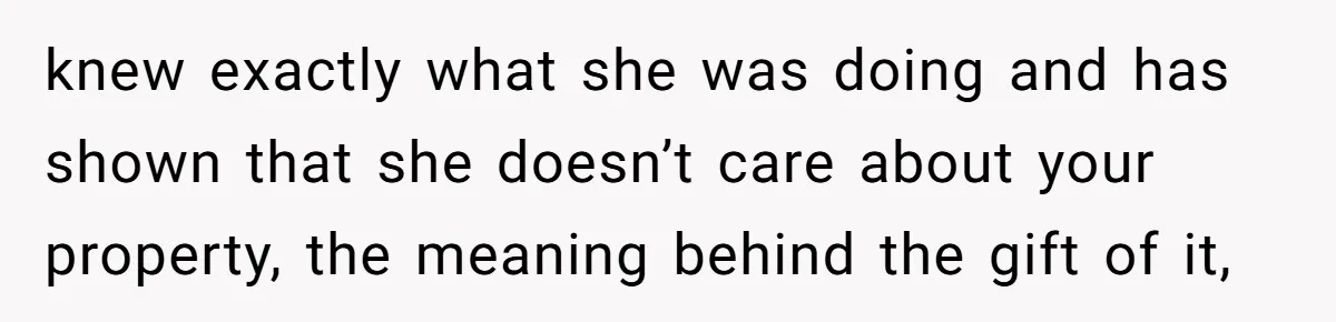 knew exactly what she was doing and has shown that she doesn’t care about your property, the meaning behind the gift of it,
