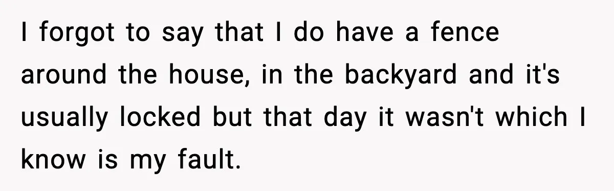 I forgot to say that I do have a fence around the house, in the backyard and it's usually locked but that day it wasn't which I know is my...
