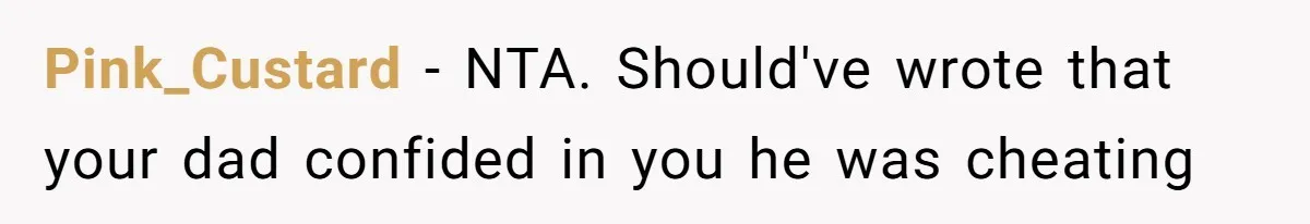 Pink_Custard − NTA. Should've wrote that your dad confided in you he was cheating