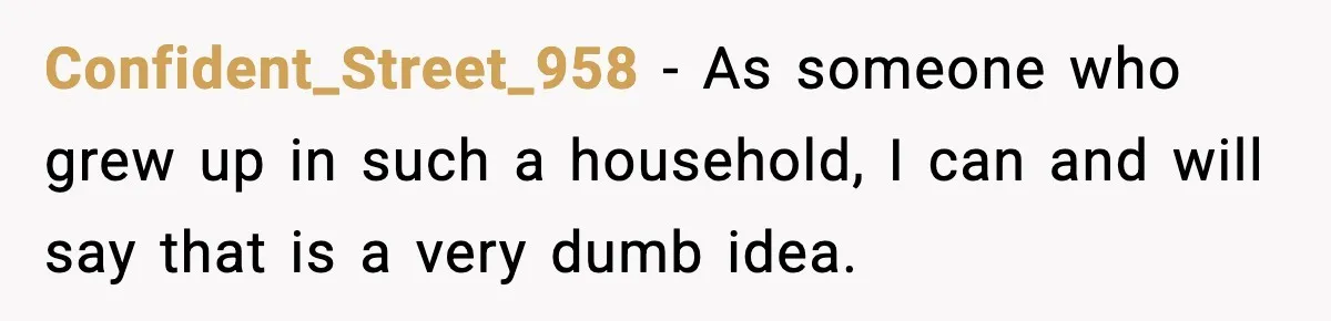 Confident_Street_958 - As someone who grew up in such a household, I can and will say that is a very dumb idea.