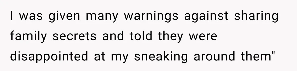 I was given many warnings against sharing family secrets and told they were disappointed at my sneaking around them"