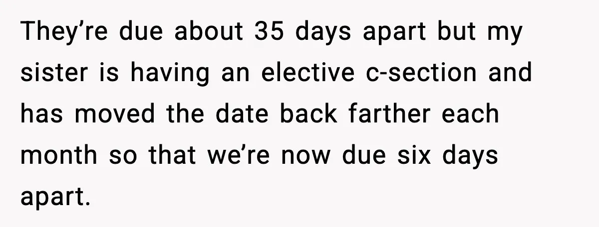 They’re due about 35 days apart but my sister is having an elective c-section and has moved the date back farther each month so that we’re now due six days...