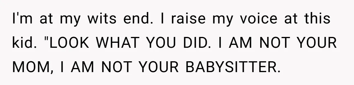 I'm at my wits end. I raise my voice at this kid. "LOOK WHAT YOU DID. I AM NOT YOUR MOM, I AM NOT YOUR BABYSITTER.
