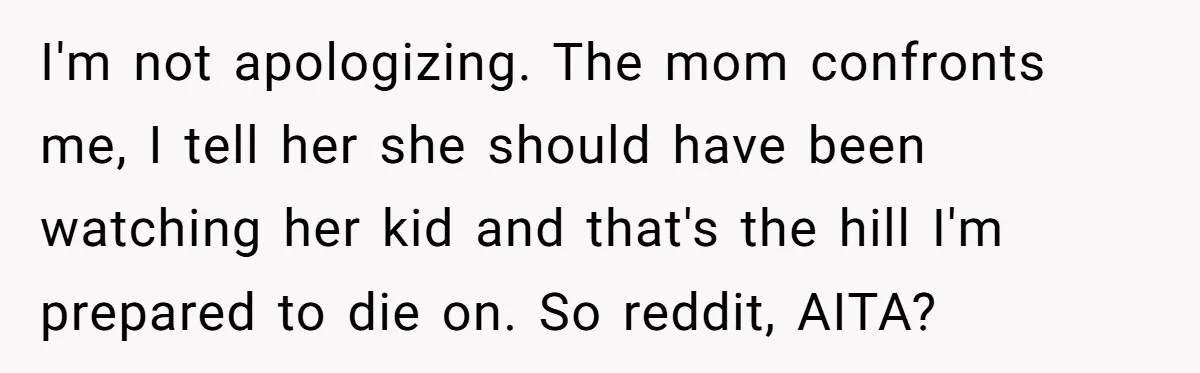 I'm not apologizing. The mom confronts me, I tell her she should have been watching her kid and that's the hill I'm prepared to die on. So reddit, AITA?