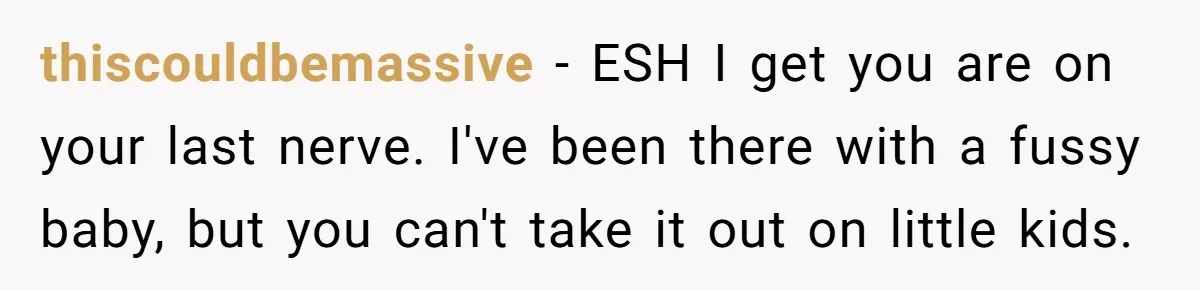 thiscouldbemassive − ESH I get you are on your last nerve. I've been there with a fussy baby, but you can't take it out on little kids.