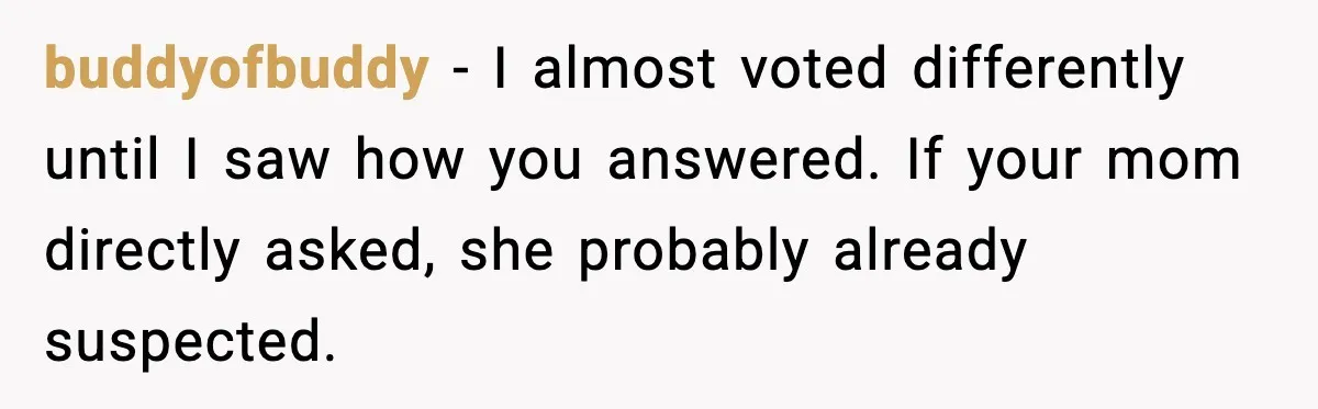 buddyofbuddy - I almost voted differently until I saw how you answered. If your mom directly asked, she probably already suspected.