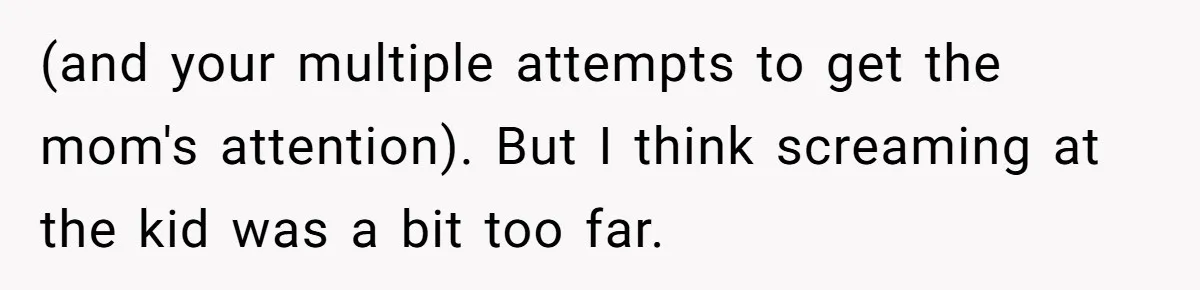 (and your multiple attempts to get the mom's attention). But I think screaming at the kid was a bit too far.