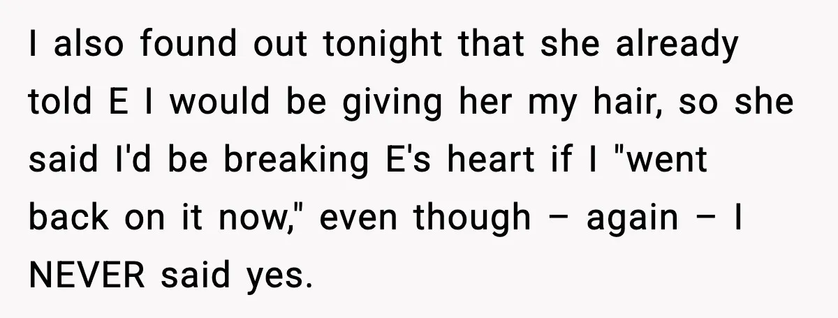 I also found out tonight that she already told E I would be giving her my hair, so she said I'd be breaking E's heart if I "went back on...