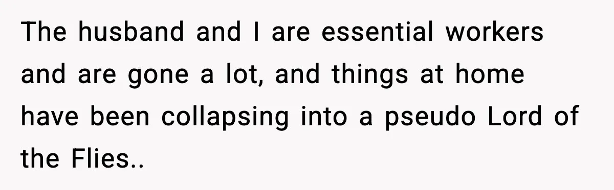 The husband and I are essential workers and are gone a lot, and things at home have been collapsing into a pseudo Lord of the Flies.. ​
