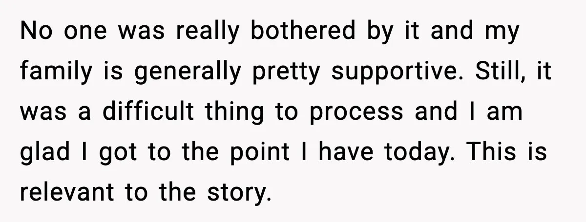 No one was really bothered by it and my family is generally pretty supportive. Still, it was a difficult thing to process and I am glad I got to the...