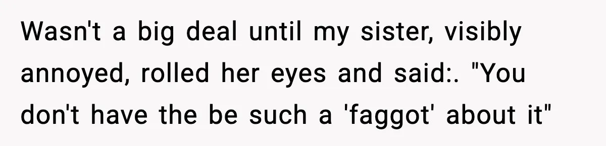 Wasn't a big deal until my sister, visibly annoyed, rolled her eyes and said:. "You don't have the be such a 'faggot' about it"