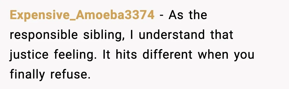 Expensive_Amoeba3374 - As the responsible sibling, I understand that justice feeling. It hits different when you finally refuse.