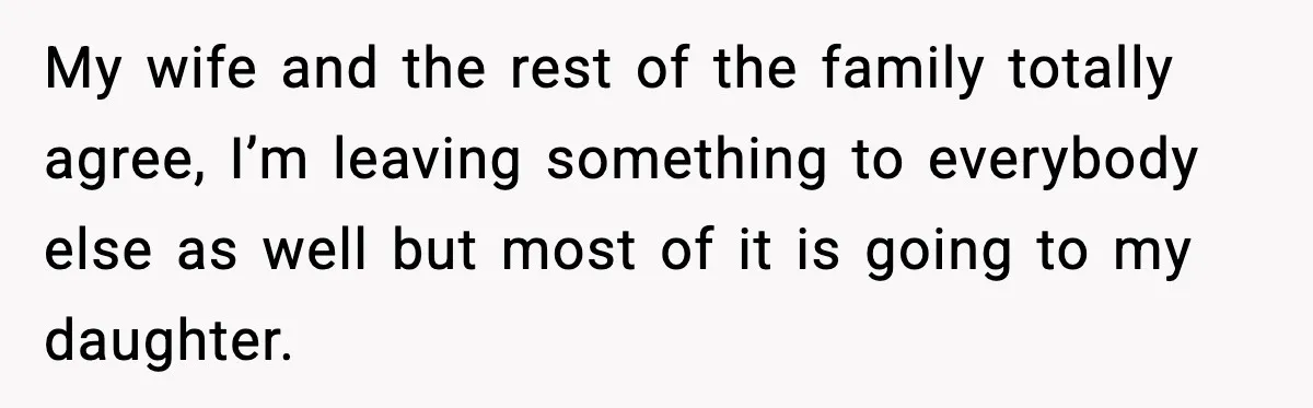 My wife and the rest of the family totally agree, I’m leaving something to everybody else as well but most of it is going to my daughter.