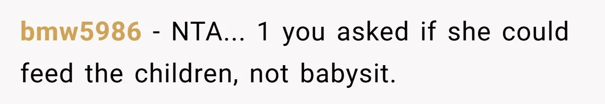 bmw5986 − NTA... 1 you asked if she could feed the children, not babysit.
