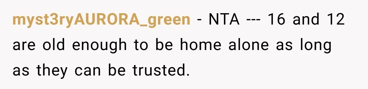 myst3ryAURORA_green − NTA --- 16 and 12 are old enough to be home alone as long as they can be trusted.