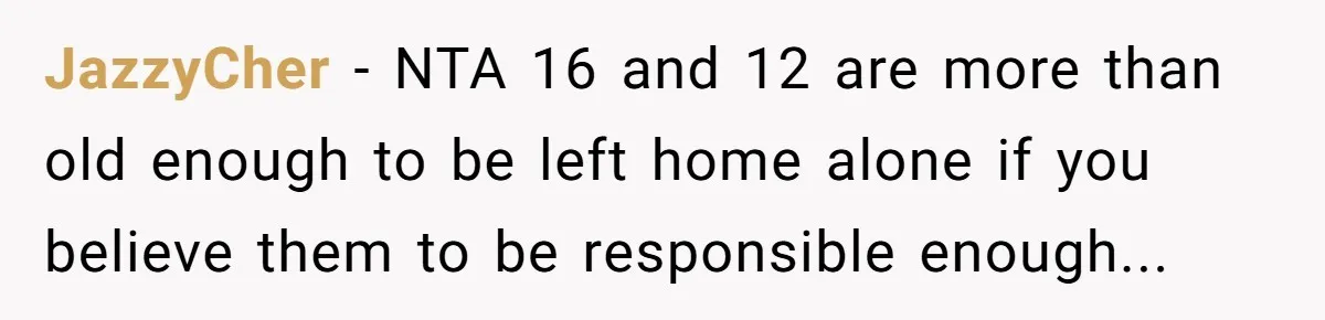 JazzyCher − NTA 16 and 12 are more than old enough to be left home alone if you believe them to be responsible enough...