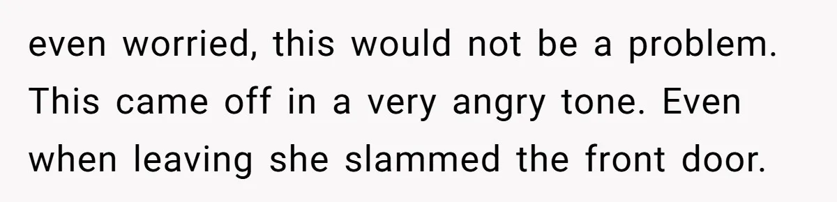 even worried, this would not be a problem. This came off in a very angry tone. Even when leaving she slammed the front door.