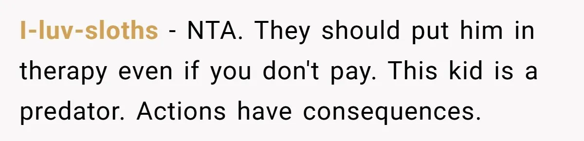 I-luv-sloths − NTA. They should put him in therapy even if you don't pay. This kid is a predator. Actions have consequences.