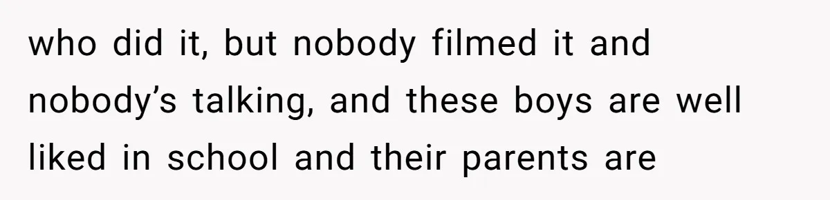 who did it, but nobody filmed it and nobody’s talking, and these boys are well liked in school and their parents are