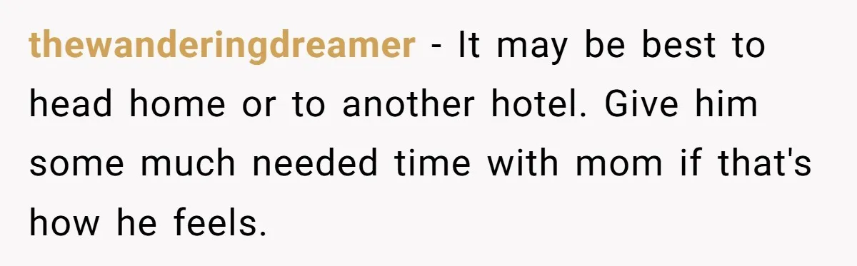 thewanderingdreamer − It may be best to head home or to another hotel. Give him some much needed time with mom if that's how he feels.