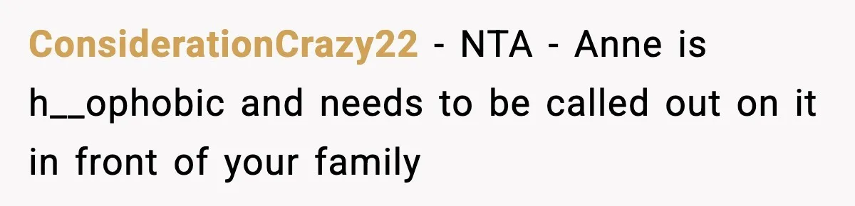 ConsiderationCrazy22 − NTA - Anne is h__ophobic and needs to be called out on it in front of your family