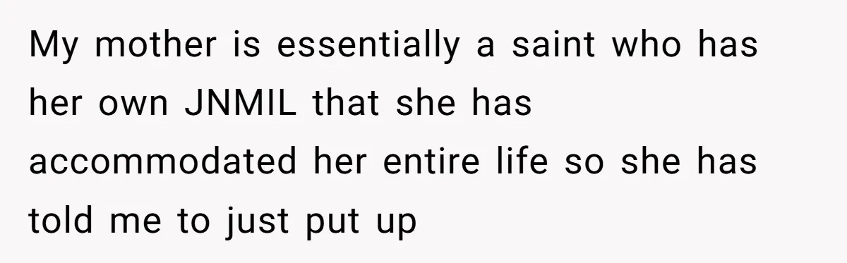 My mother is essentially a saint who has her own JNMIL that she has accommodated her entire life so she has told me to just put up
